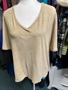new directions Beige V-Neck Short Sleeve Top with Pom Trim